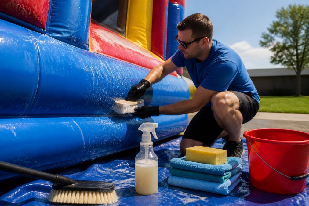 Professional demonstrating proper soft bristle brush technique while scrubbing vinyl bounce house surface outdoors with sunlight illuminating the work area