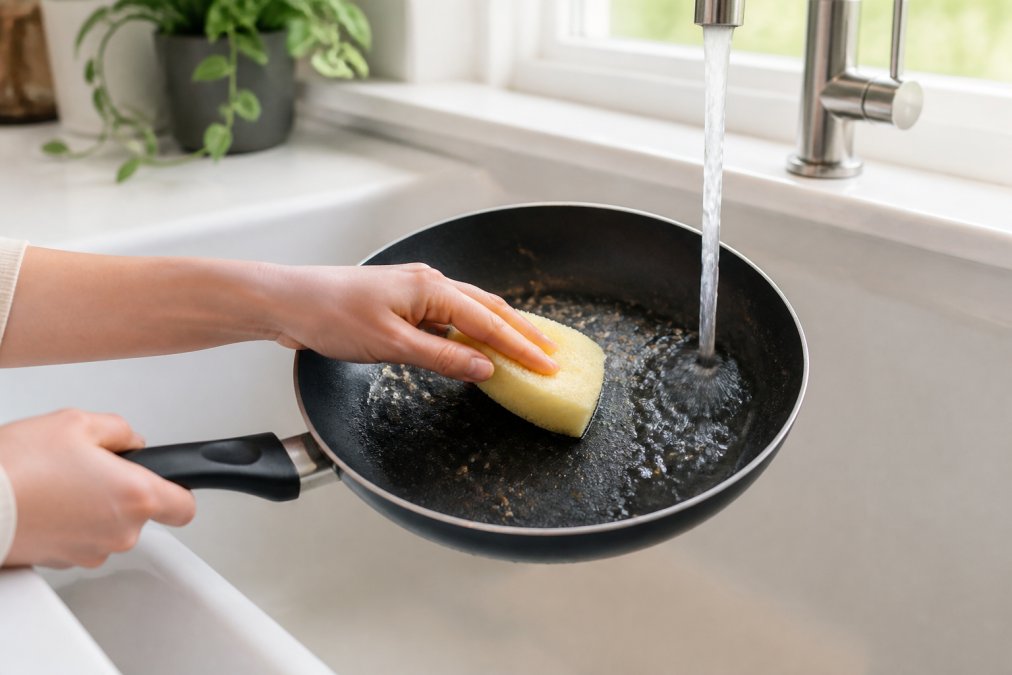 A pair of hands gently scrubbing the interior of a dark nonstick pan with a soft yellow sponge under a stream of warm water at a white kitchen sink, soft natural light coming through a window above