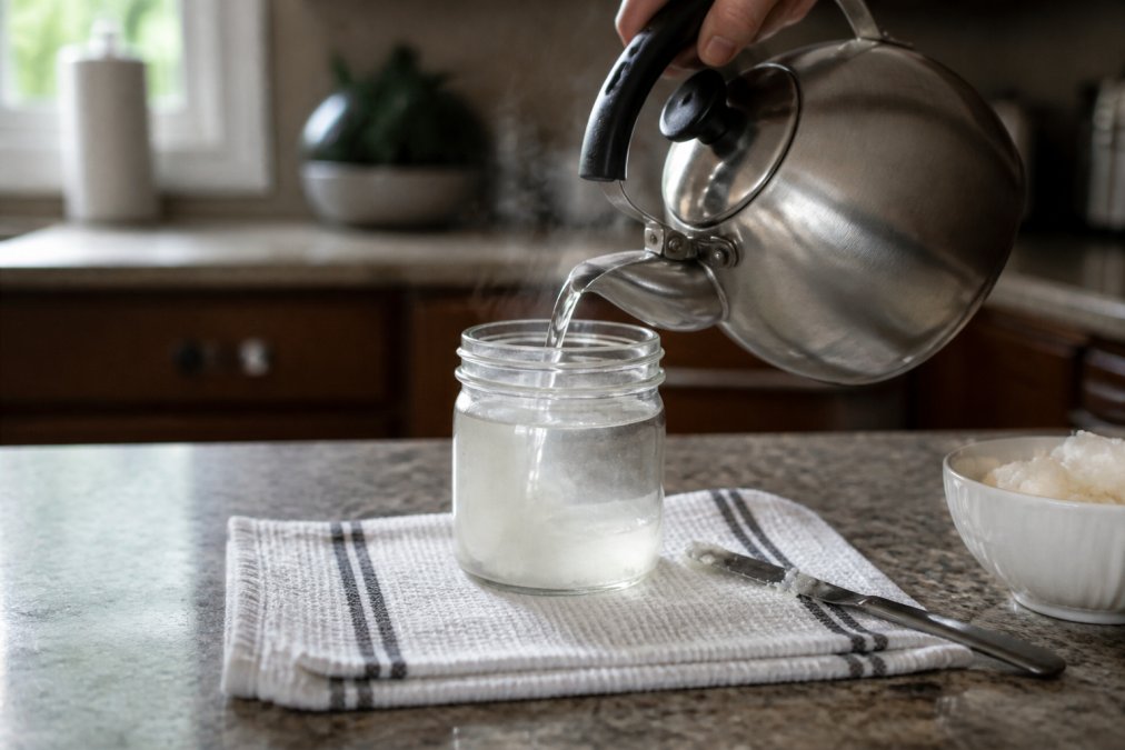 Person pouring boiling water into a glass vessel to clean candle jars on a kitchen counter with a butter knife nearby
