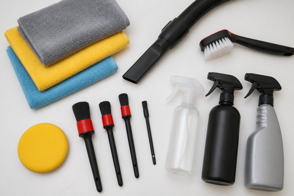 Flat lay of professional car detailing tools arranged on a clean white surface: microfiber cloths, crevice vacuum attachment, upholstery brush, spray bottles, a detailing brush set, and a small foam applicator pad under bright studio lighting