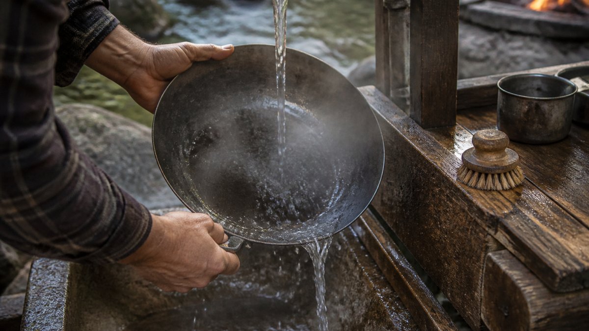 Hands rinsing a carbon steel pan under warm water in an outdoor kitchen with steam rising nearby