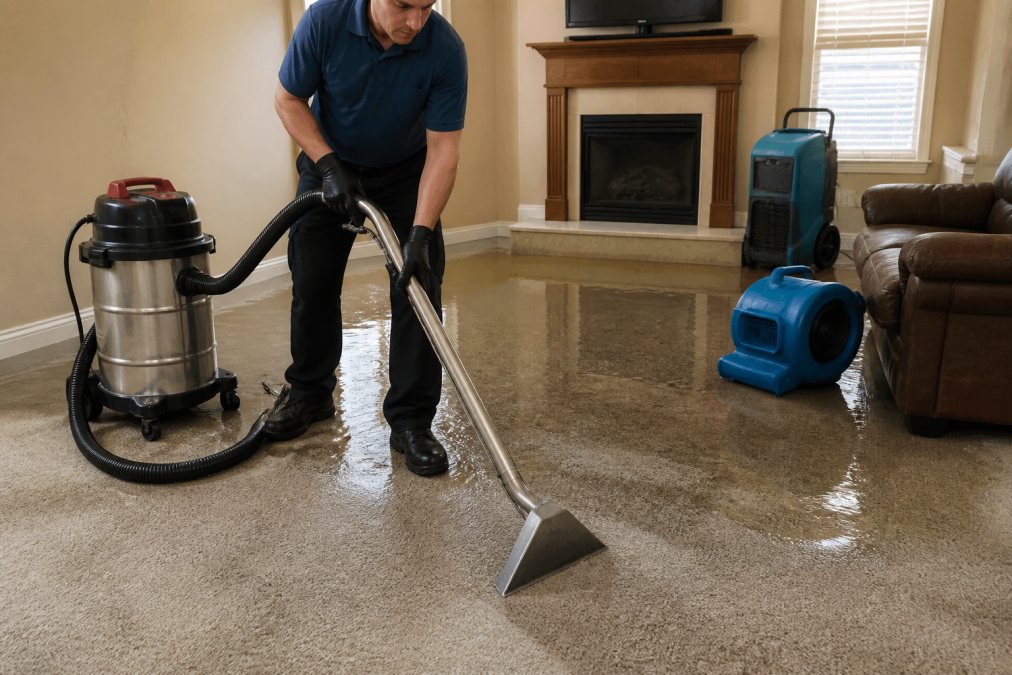 A person using a wet-dry vacuum to extract water from a carpet in a flooded living room, with a dehumidifier and air movers visible in the background