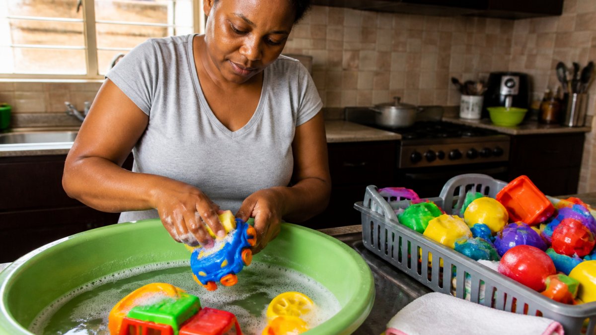 A parent in a bright Nigerian home washing colourful plastic toys in a basin of soapy water, with a dish rack and clean cloths nearby