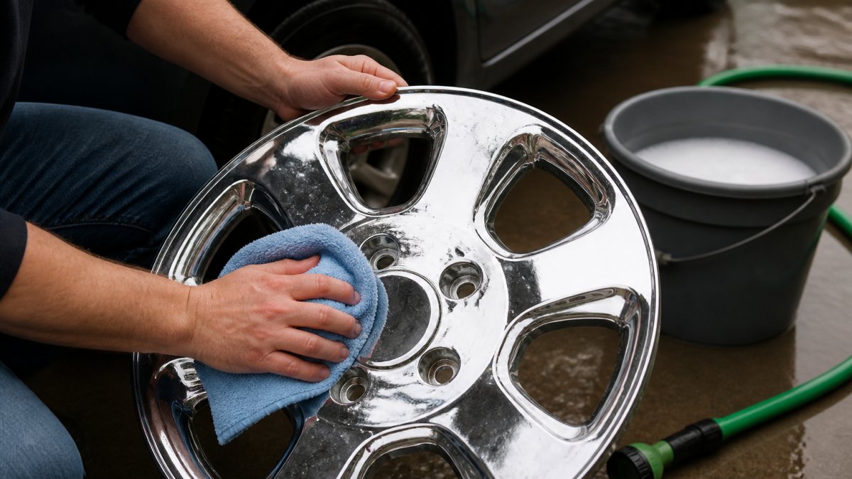 Close-up of hands using a microfiber cloth to wipe a chrome wheel cover on a car, with a bucket of soapy water and a hose visible in the background