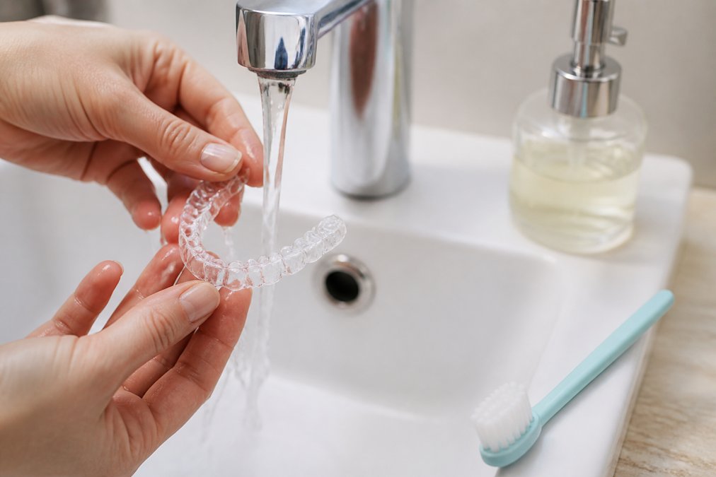 Close-up of hands holding a clear aligner under a running tap, with a soft-bristled toothbrush and mild soap on a clean bathroom counter