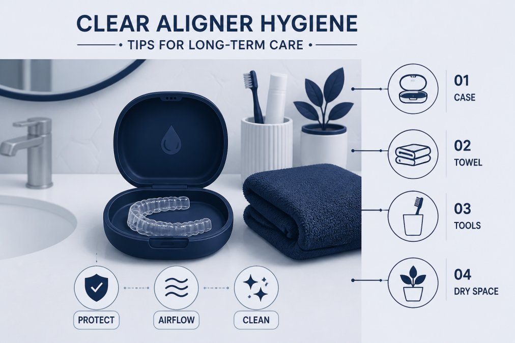 Clear aligner case on a bathroom counter with a clean towel, showing proper storage setup and organisation for daily maintenance