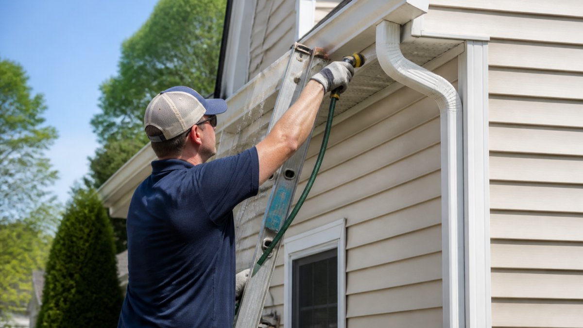 A homeowner on an extension ladder wearing work gloves, using a garden hose to flush water through a downspout on a suburban house exterior under clear afternoon light