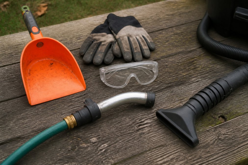 Close-up of common gutter cleaning tools laid out on a weathered wooden workbench: a bright orange gutter scoop, thick rubber work gloves, clear safety goggles, a garden hose with curved gutter extension attachment, and a wet/dry vacuum nozzle, photographed in natural outdoor light
