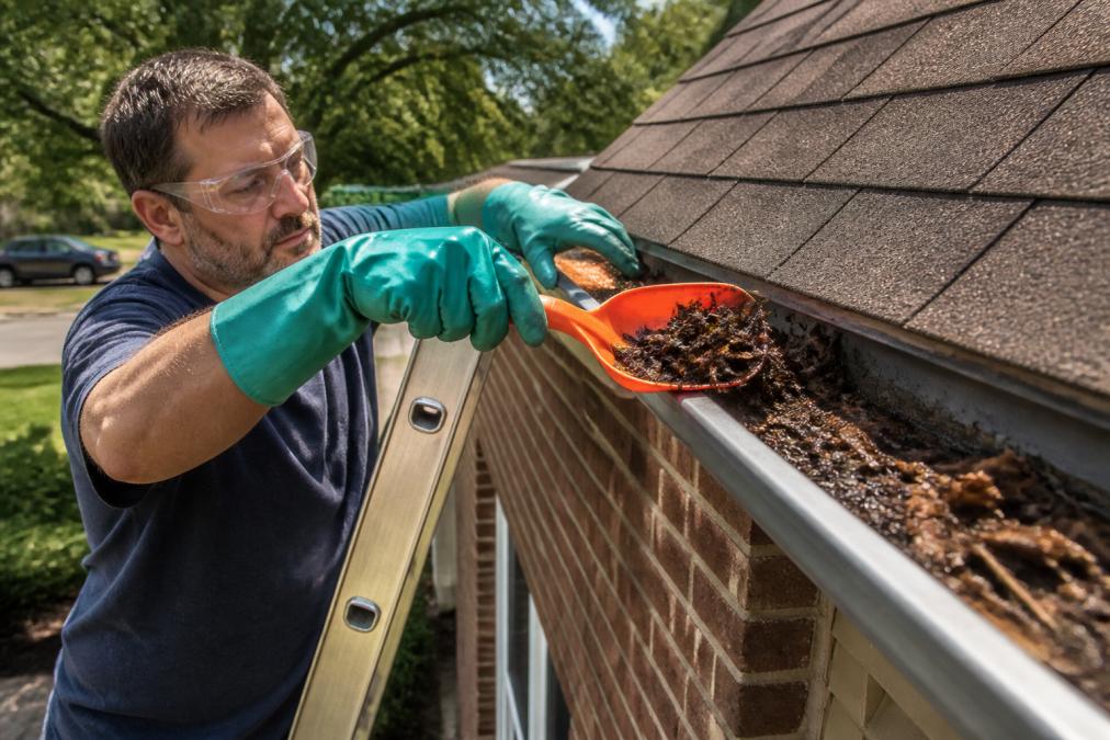 A homeowner wearing thick rubber work gloves and clear protective eyewear using an orange plastic gutter scoop to remove dark wet leaf debris from a residential aluminum gutter, standing on an aluminum extension ladder against a brick house on a sunny afternoon
