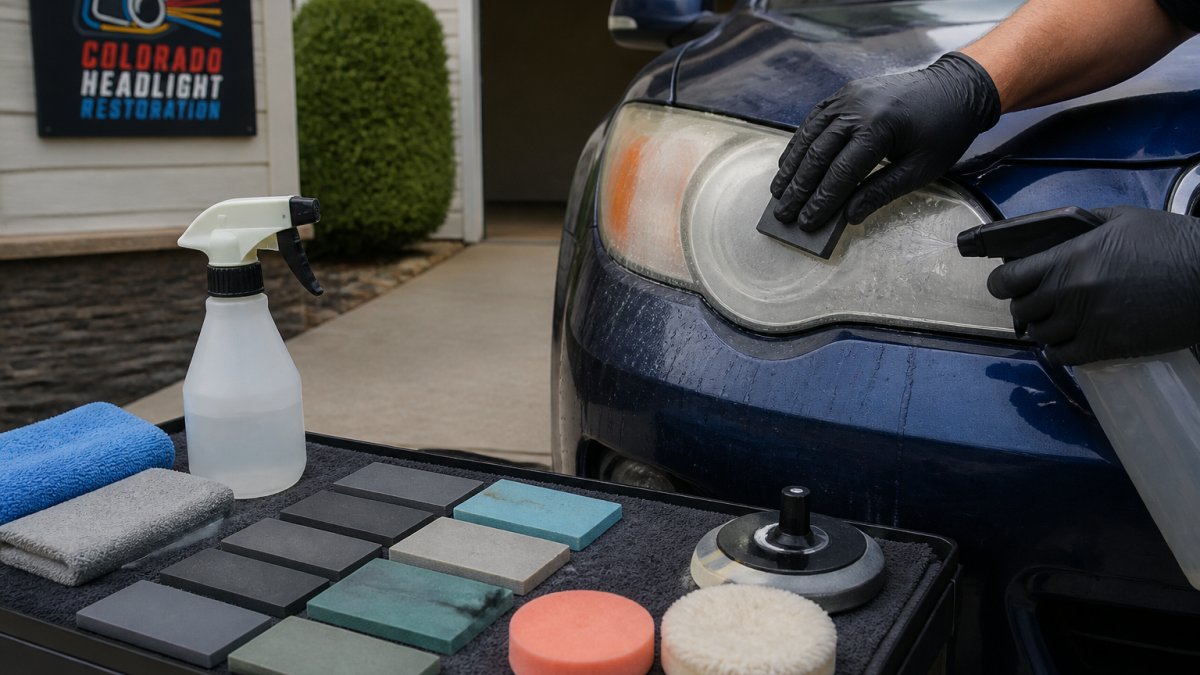 Hands wet sanding a car headlight lens with a block to clean cloudy headlights in a driveway