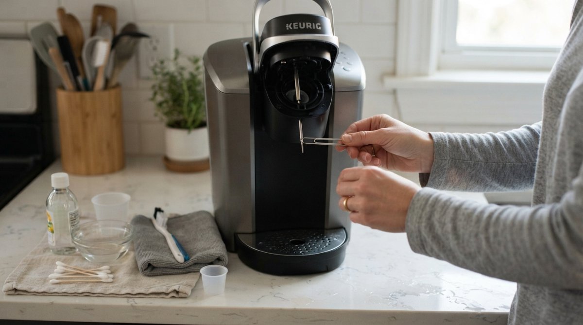 Close-up of hands carefully removing the water reservoir from a coffee pod machine, with paper towels spread underneath on a kitchen counter