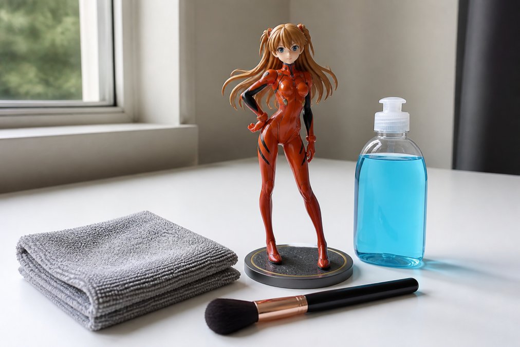Close-up of lint-free microfiber cloth, soft natural-bristled makeup brush, and bottle of mild dish soap arranged beside a detailed PVC anime figure on a clean white work surface with soft window lighting