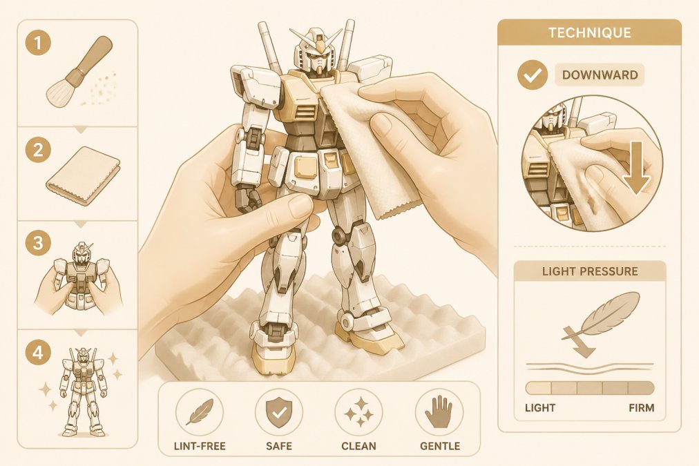 Hands gently wiping a detailed Gundam model with a lint-free microfiber cloth over a soft foam workspace, showing proper technique with light pressure and downward motion