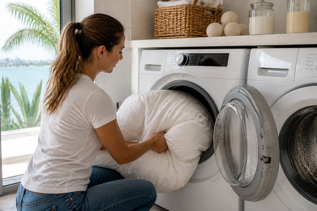 Person placing a large comforter into a dryer with wool balls to keep clean comforters fluffy