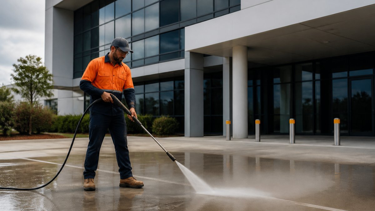 A cleaning technician in high-visibility gear using a high-pressure washer on a commercial concrete forecourt, water spray visible, multi-storey building in the background