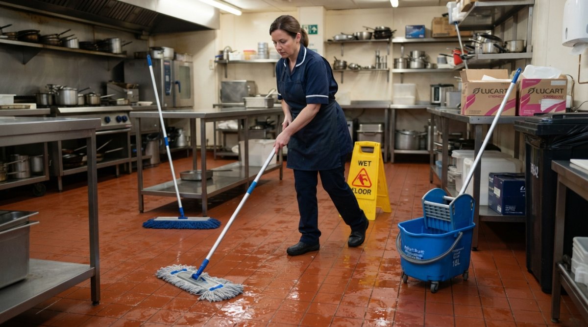Professional cleaner applying degreaser pre-treatment to a commercial kitchen floor near cooking equipment, with wet floor signage visible in the background