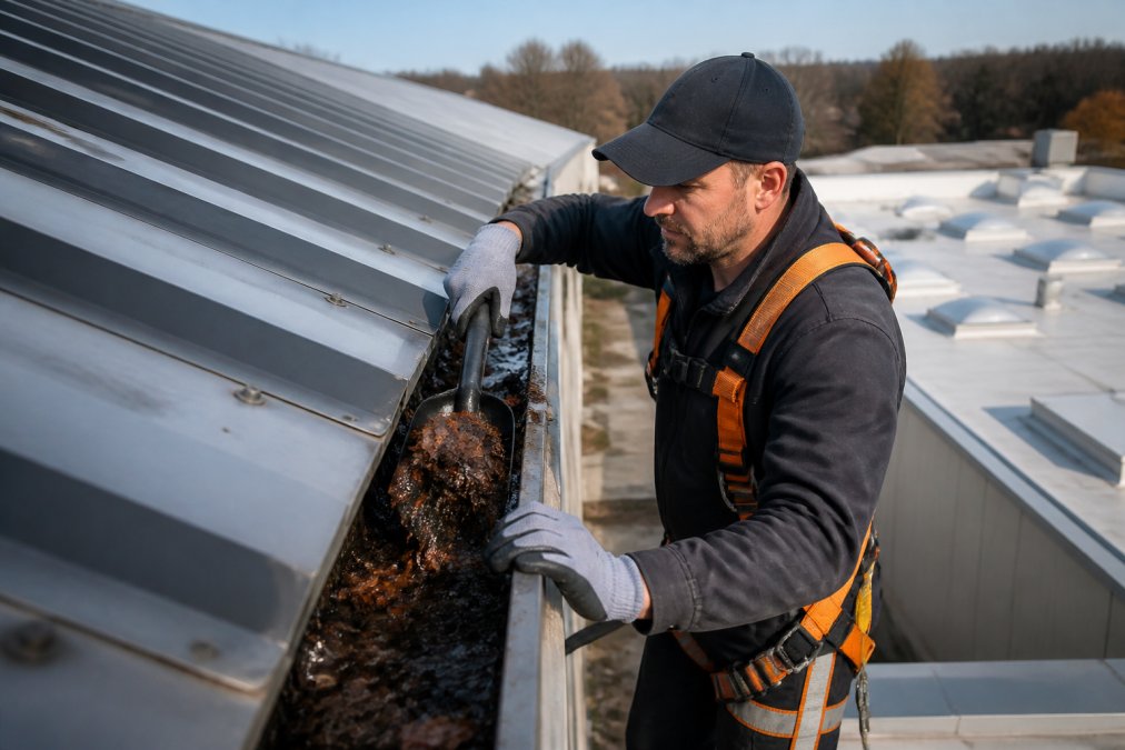 A professional in work gloves using a gutter scoop to remove wet leaves from a commercial roofline gutter, with a safety harness visible, on a clear day
