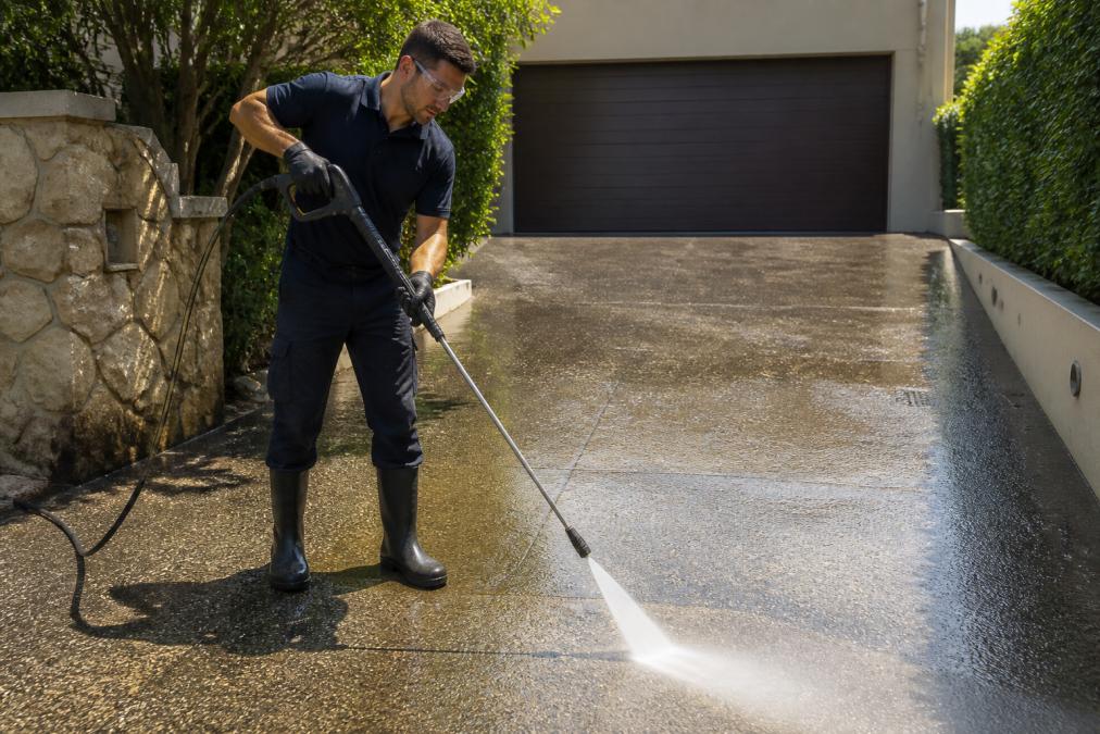 Professional operator demonstrating proper pressure washing technique on residential driveway with controlled nozzle angle, wearing safety gloves and goggles in afternoon sunlight