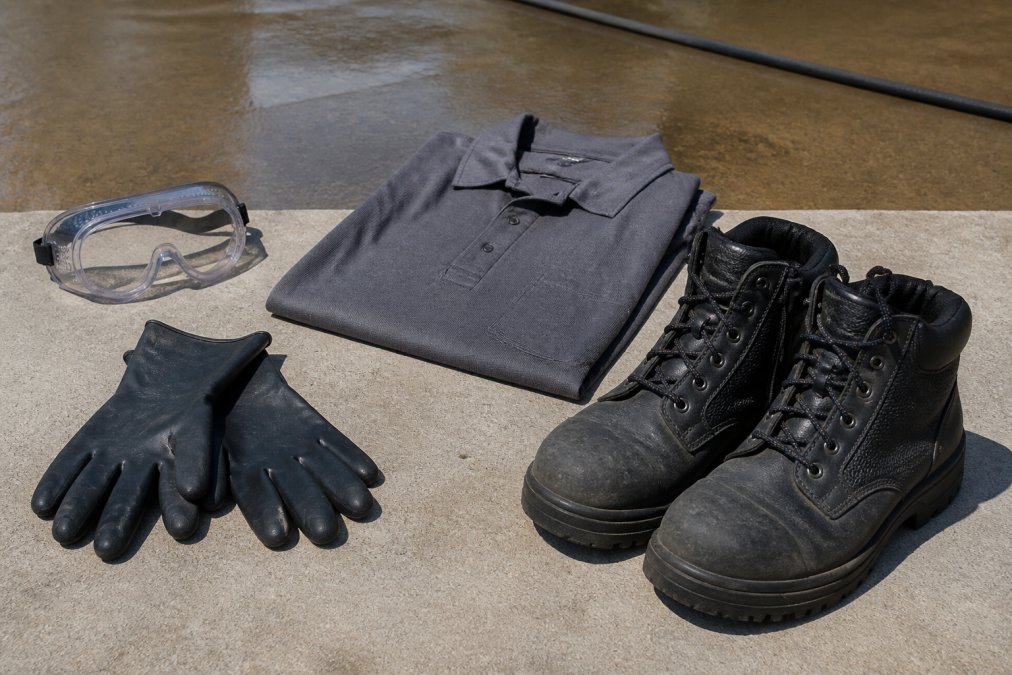 Safety equipment arranged on concrete surface including protective goggles with anti-fog coating, heavy-duty nitrile gloves, slip-resistant work boots, and long-sleeved protective shirt in natural daylight