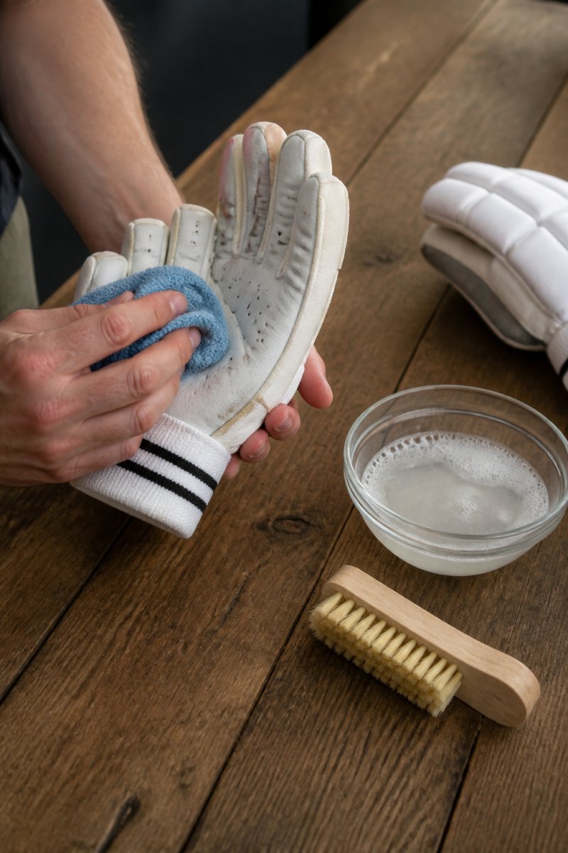 Close-up of hands using a damp cloth to wipe the palm of a leather cricket batting glove on a wooden table, with a small bowl of soapy water and a soft brush nearby