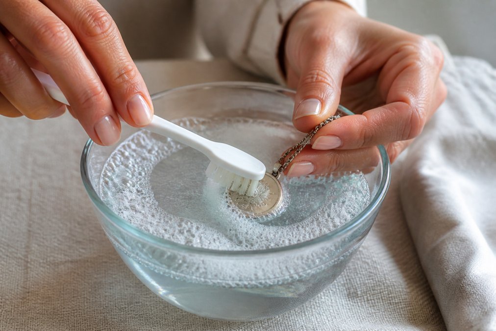 Close-up of hands carefully cleaning an engraved silver necklace with a soft-bristled toothbrush in a bowl of soapy water, showing delicate scrubbing technique with natural light