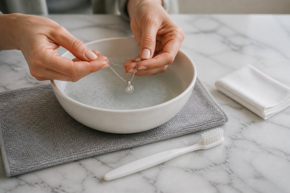 Hands carefully preparing a delicate diamond necklace over a soft microfibre cloth in a white porcelain bowl filled with warm soapy water, with a soft-bristled toothbrush and lint-free cloth arranged nearby on a marble countertop