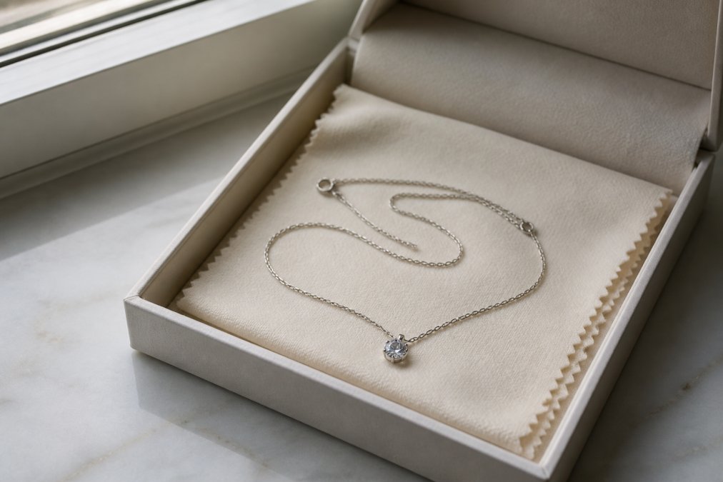 Delicate diamond necklace laid carefully on a soft ivory microfibre cloth inside a jewellery box, with the chain arranged in loose loops and the stone resting on the fabric, showing proper storage technique in natural window lighting