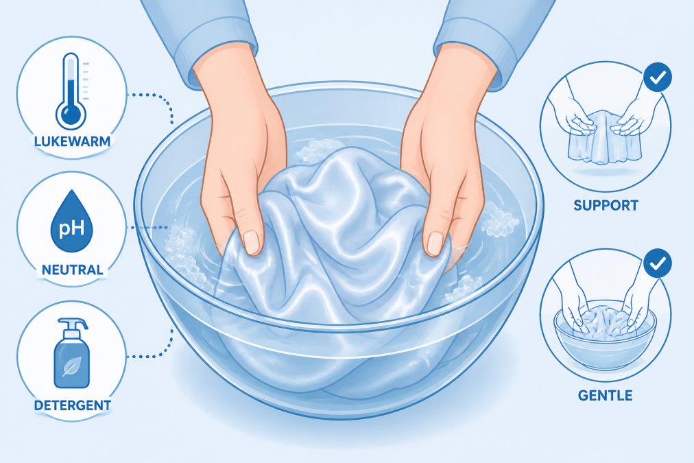 Hands gently submerging delicate silk fabric in a bowl of lukewarm water with pH-neutral detergent, showing proper hand positioning and careful support of the wet garment