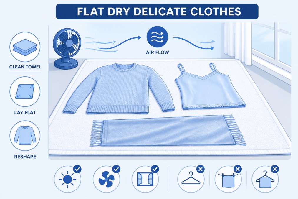 Delicate garments laid flat on a clean white towel to air dry indoors, showing proper flat-drying setup with good air circulation and correct garment positioning