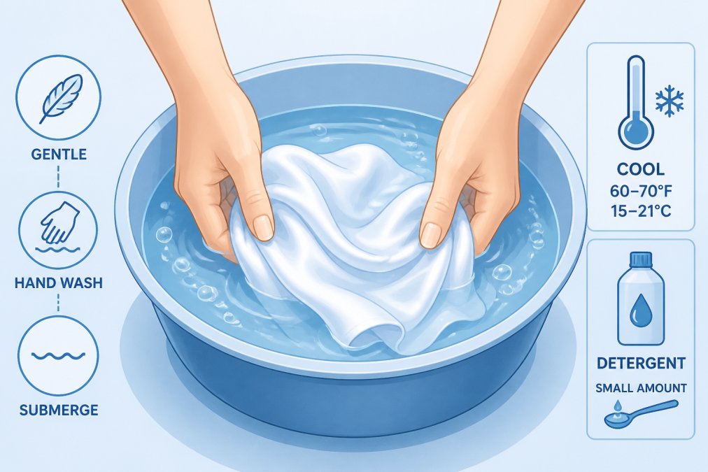Close-up of hands gently submerging delicate silk fabric in a basin of cool water with a small amount of gentle detergent, showing proper hand positioning and careful fabric handling