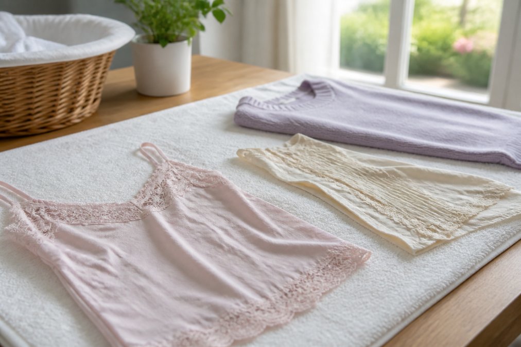 Delicate garments laid flat on a clean white towel in a well-lit room, demonstrating proper air drying technique without heat exposure