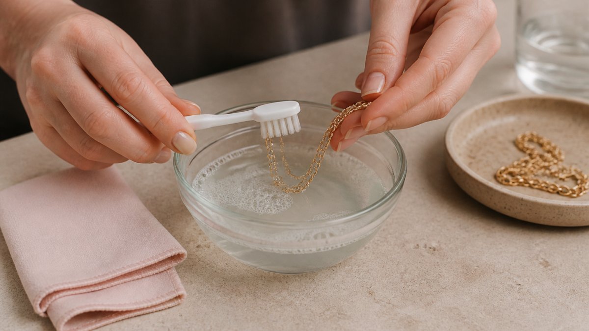 Close-up of hands gently scrubbing a delicate gold chain with a soft-bristled toothbrush over a small bowl of soapy water, with a lint-free cloth nearby on a clean countertop