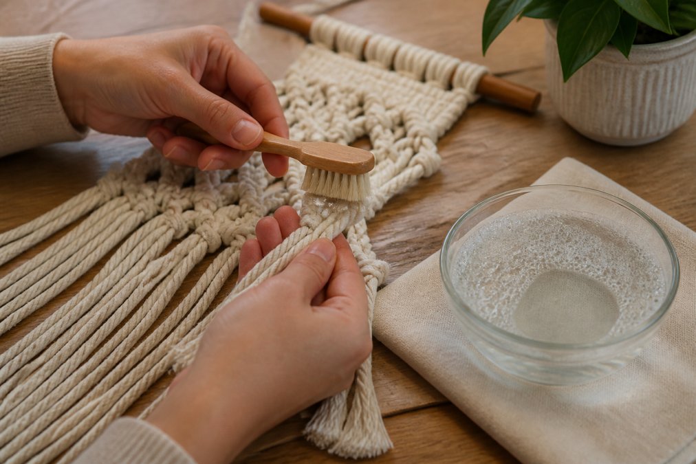 Hands using a soft brush to clean delicate handmade macrame cord with solution