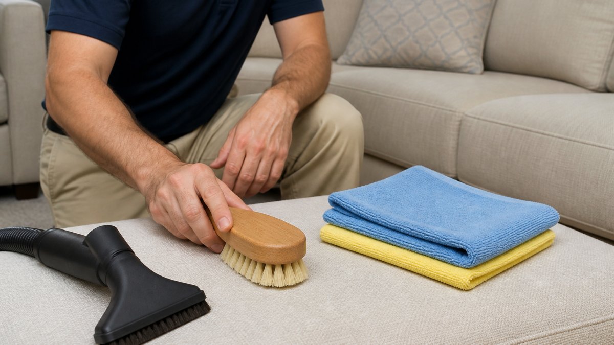 Diagram showing the essential tools needed to clean delicate upholstery safely and effectively.