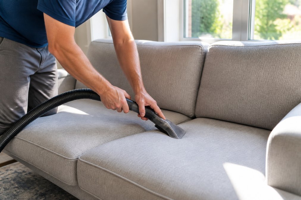 A person using a vacuum cleaner with an upholstery attachment on a light gray fabric sofa in a bright living room, sunlight streaming through nearby windows