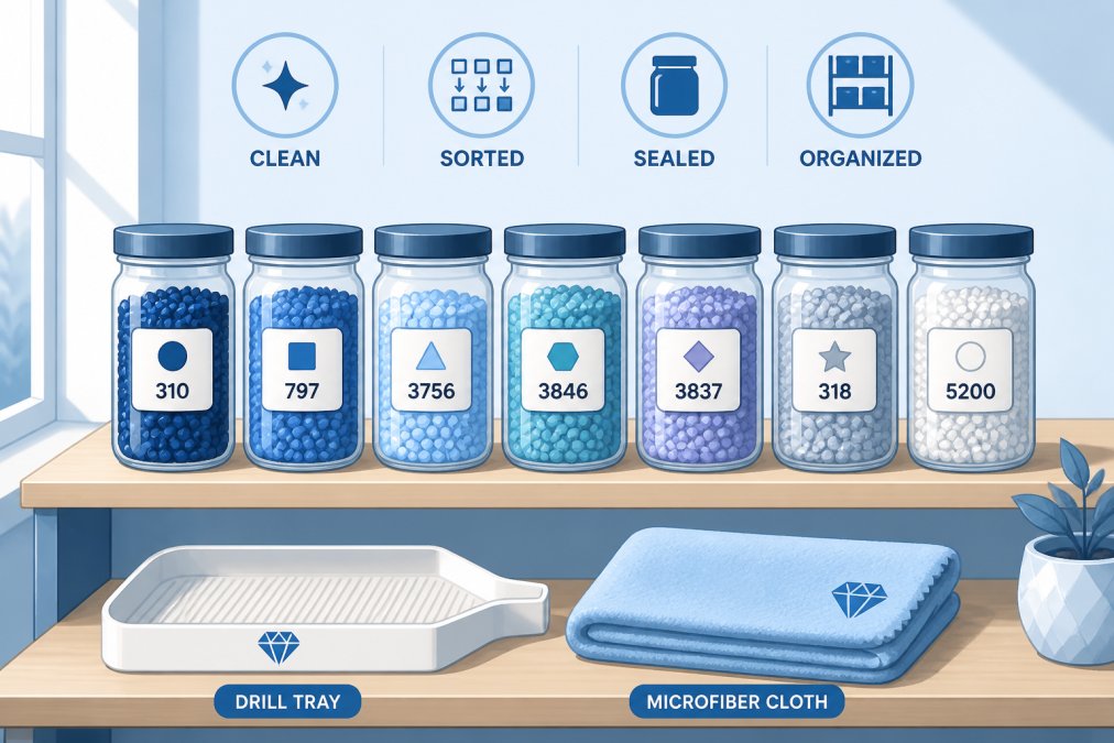 Organized storage setup showing labeled glass containers filled with sorted resin drills of different colors, a clean drill tray, and a folded lint-free microfiber cloth arranged neatly on a wooden shelf with natural window lighting
