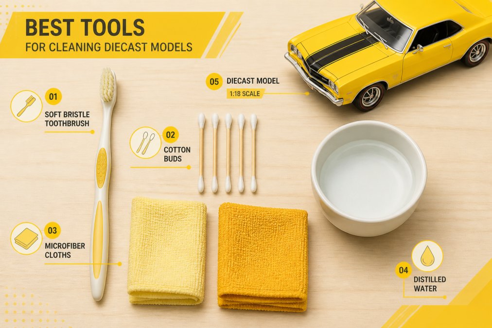 Flat lay of diecast cleaning tools arranged neatly on a light wooden surface: a soft bristle toothbrush, several cotton buds, two folded microfiber cloths, a small ceramic bowl of distilled water, and a 1:18 scale American muscle car model positioned in the upper right corner, photographed in soft natural window light