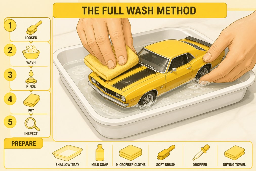 Close-up of a collector's hands gently washing a 1:18 scale diecast muscle car model in a shallow white tray filled with lightly soapy water, using a folded microfiber cloth, on a clean white countertop under bright overhead lighting