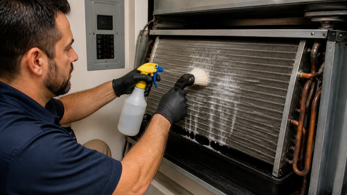 Professional HVAC technician using soft-bristle brush and coil cleaner spray on exposed indoor AC evaporator coil with access panel removed, showing condensate drain pan below and power breaker switch visible in background
