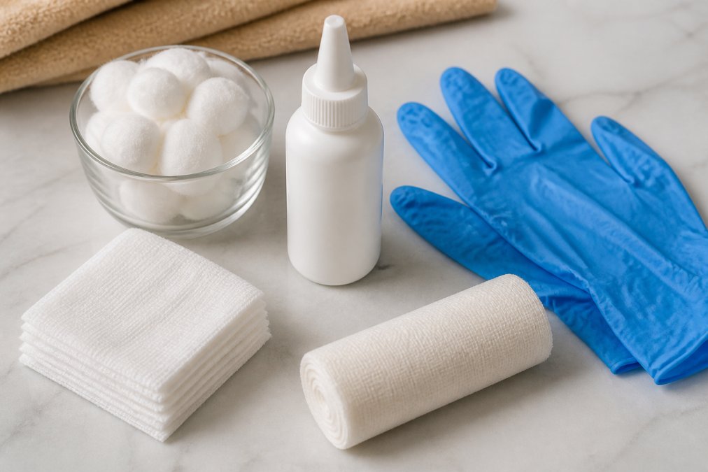 Flat lay arrangement of ear cleaning supplies including cotton balls, gauze pads, ear cleaning solution bottle, and protective gloves on a clean surface
