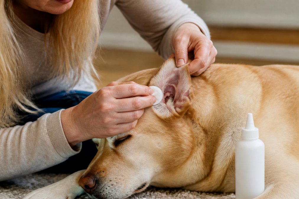 Pet owner gently cleaning a dog's ear with a cotton ball and ear cleaning solution, showing proper hand positioning at the base of the ear with warm lighting