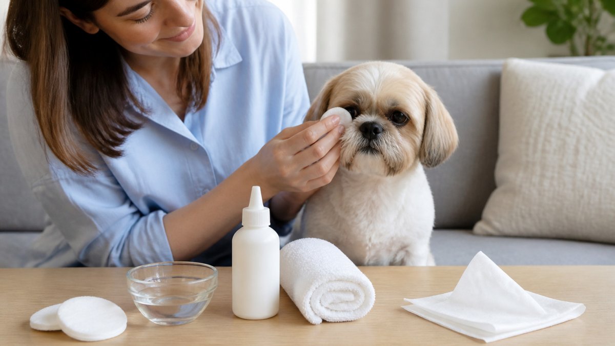 Pet owner gently wiping a small dog's face with a soft cloth in a bright living room
