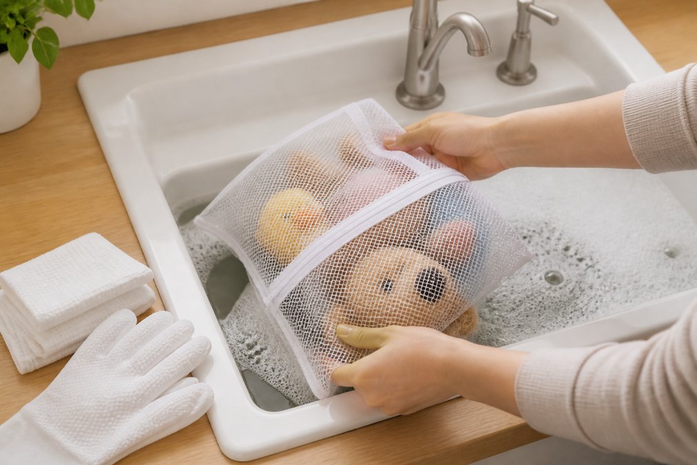 Hands carefully placing plush dog toys into a mesh laundry bag before washing, with warm soapy water visible in a white sink