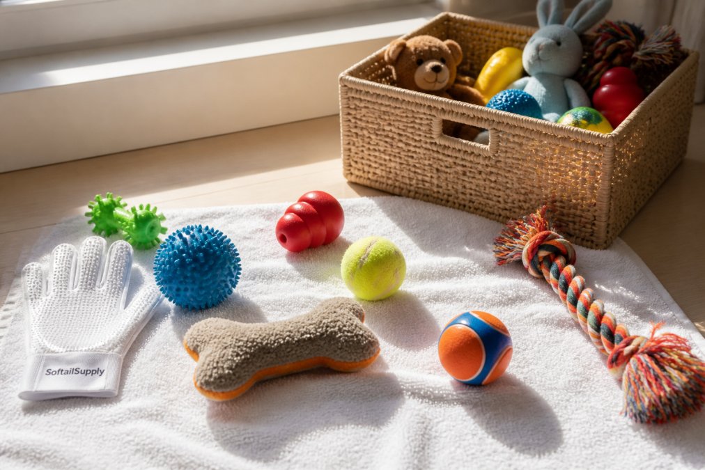 Assorted clean dog toys air-drying on a bright white towel in natural sunlight, with several toys neatly organized in a woven storage bin nearby