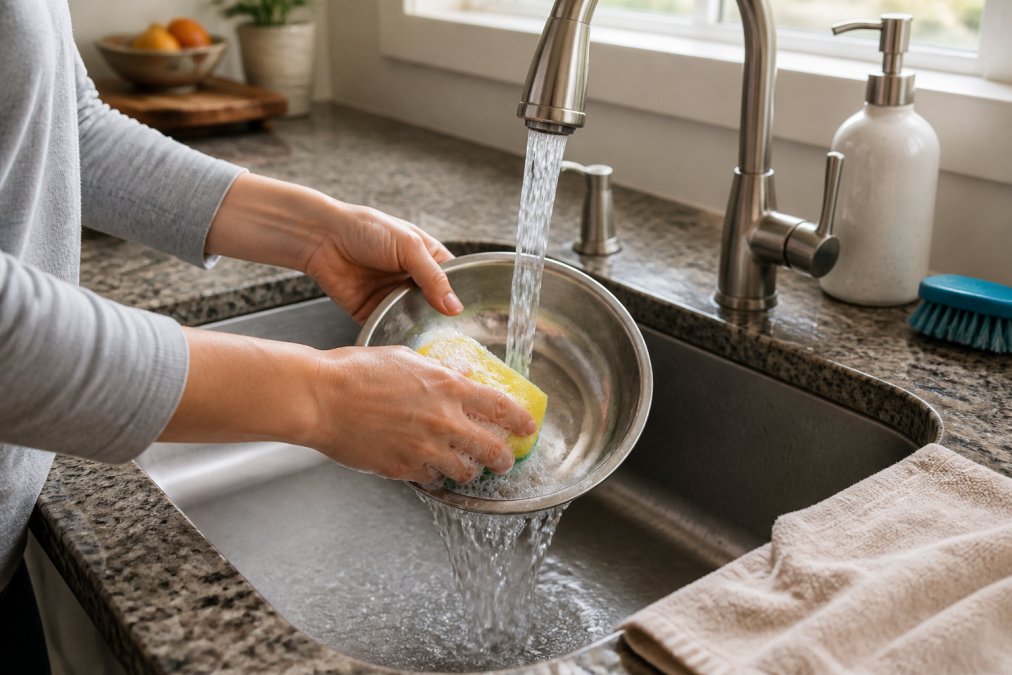 Person scrubbing a stainless steel dog water bowl with a soapy sponge in a bright kitchen sink