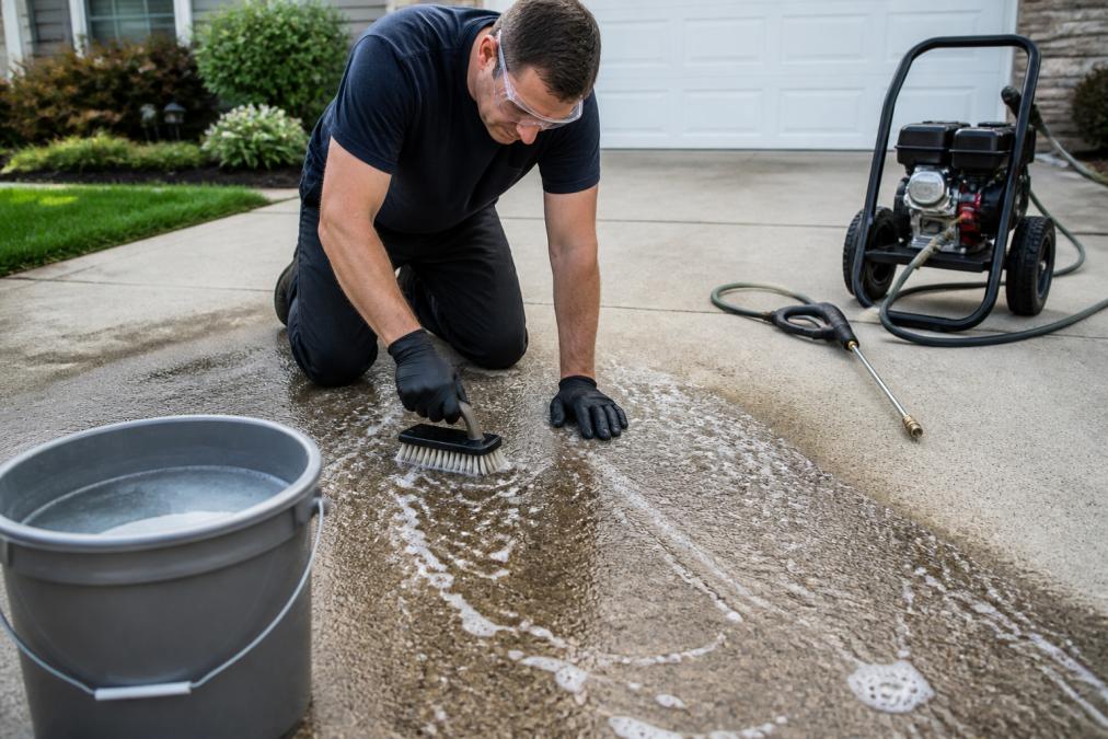 A homeowner wearing safety goggles and gloves using a stiff bristle brush to scrub a concrete driveway with visible cleaning solution, with a pressure washer nearby and a bucket of water in the foreground