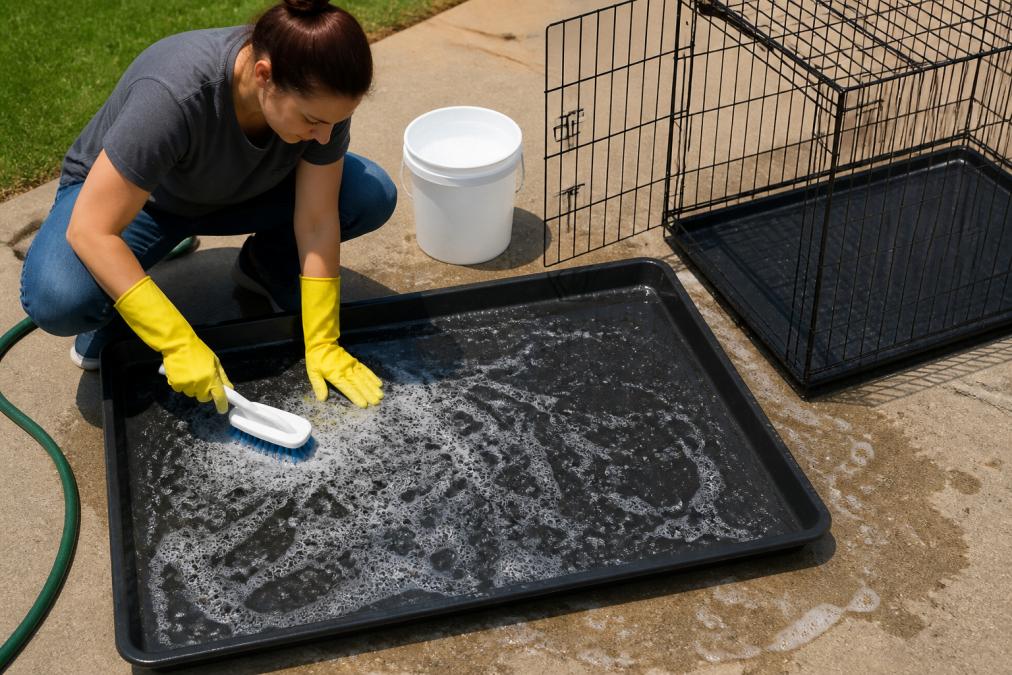 A person wearing yellow rubber gloves scrubbing the removable plastic tray of a large wire dog crate with a scrub brush in soapy warm water, set on a concrete patio in bright daylight