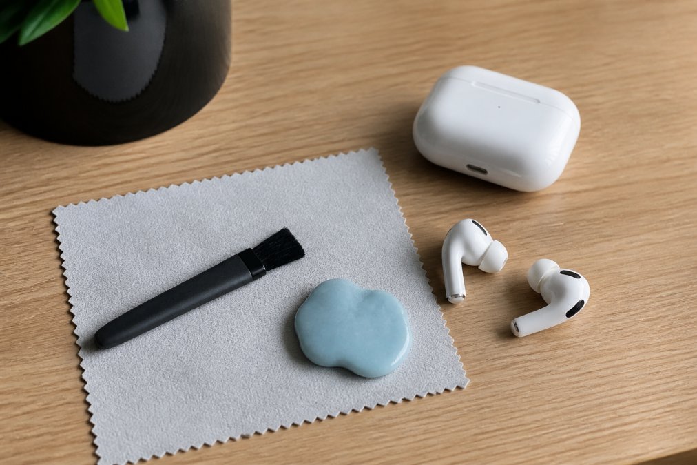 Close-up of a desk with an earbud cleaning kit laid out next to a pair of wireless earbuds, showing a small brush, microfibre cloth and cleaning putty, soft natural light