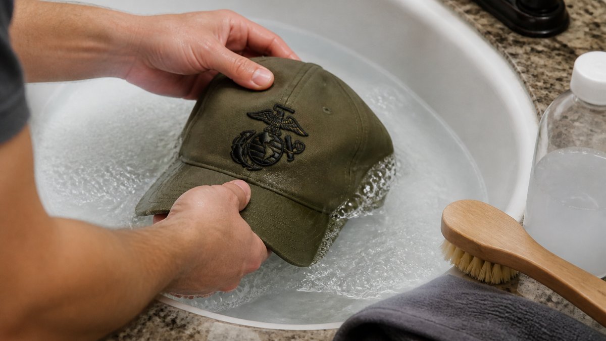 Close-up of hands gently washing an olive green embroidered military cap in a clean sink filled with cool water and a small amount of mild detergent, soft-bristled brush resting on the counter nearby