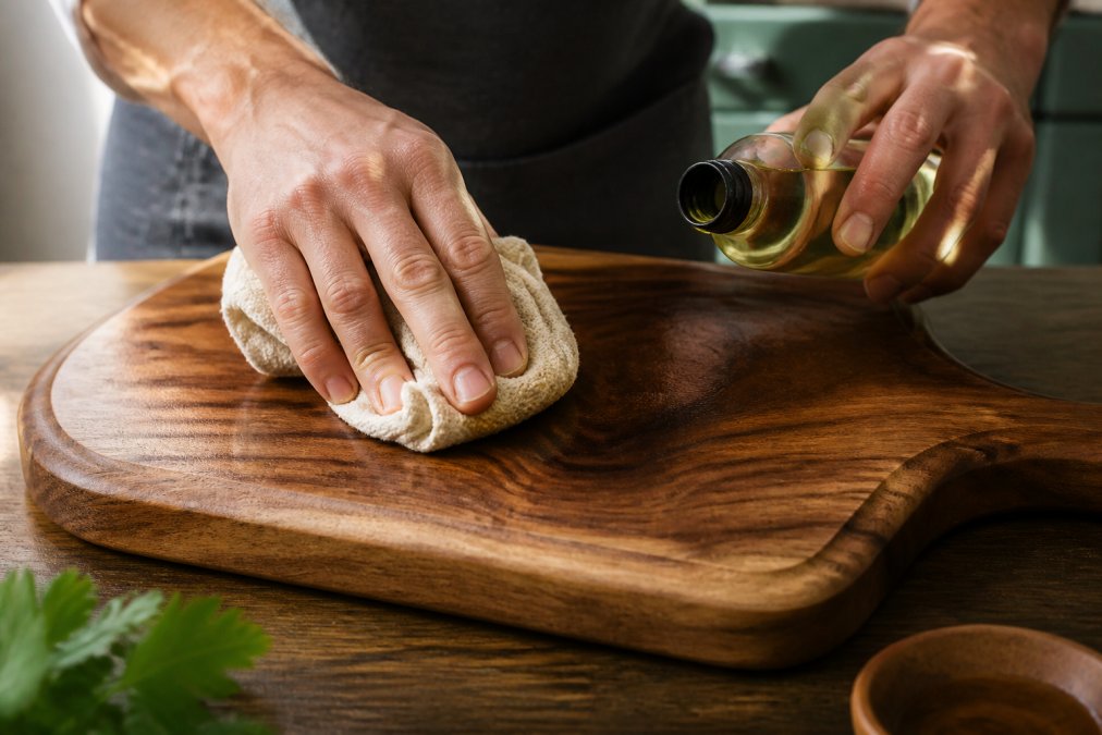 Close-up of hands applying food-safe mineral oil to a wooden cutting board with a soft cloth, warm kitchen lighting highlighting the wood grain and engraved lettering